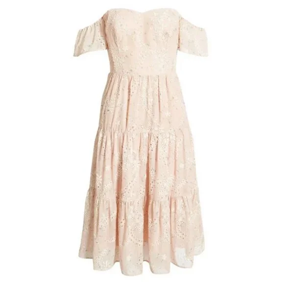 💕DRESS THE POPULATION💕 River Off the Shoulder Tiered Hem Dress ~ Blush XS NWT